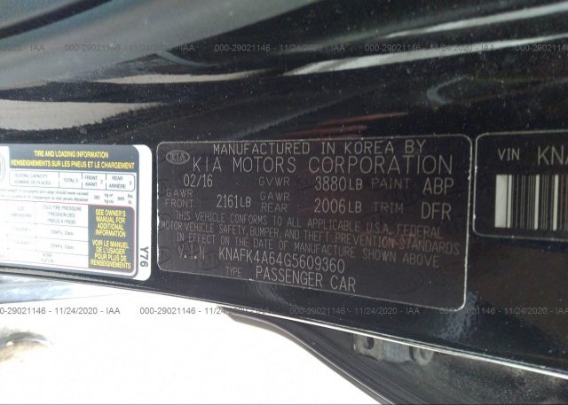KNAFK4A64G5609360 2016 KIA FORTE