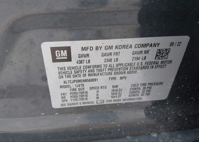 2022 CHEVROLET TRAX(VIN: KL7CJPSM5NB560091