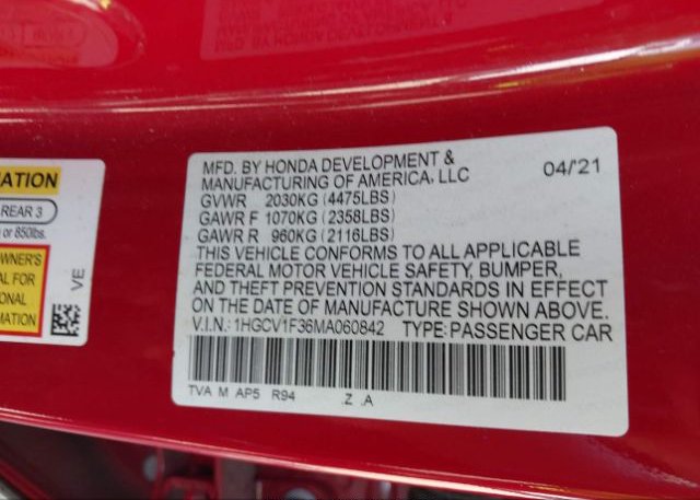 2021 HONDA ACCORD SEDAN(VIN: 1HGCV1F36MA060842