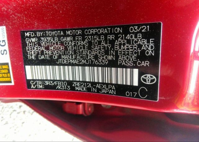 2021 TOYOTA COROLLA(VIN: JTDEPMAE2MJ176339