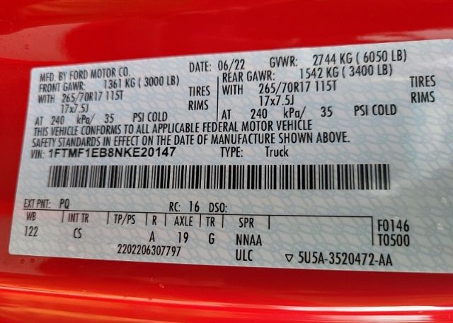 2022 FORD F-150 (VIN: 1FTMF1EB8NKE20147)
