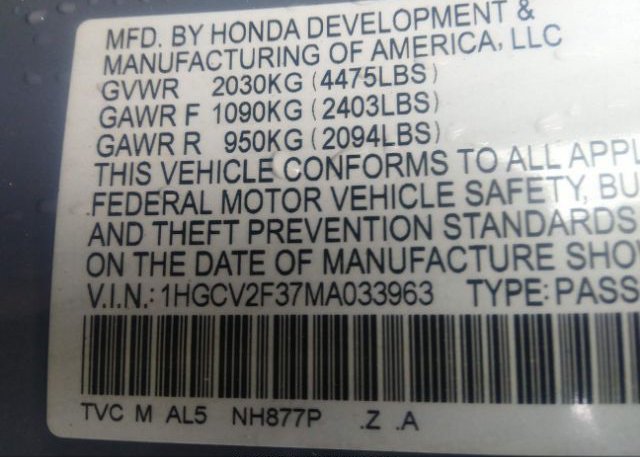 2021 HONDA ACCORD SEDAN(VIN: 1HGCV2F37MA033963