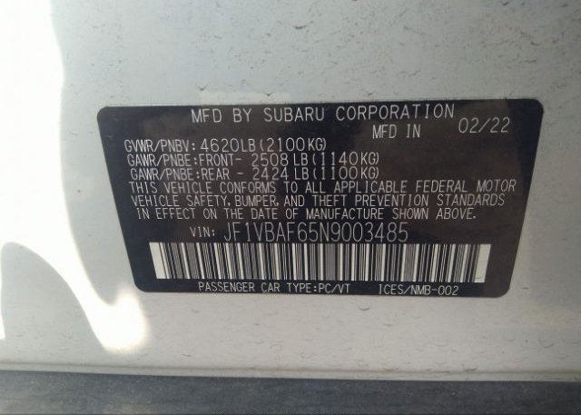 2022 SUBARU WRX(VIN: JF1VBAF65N9003485