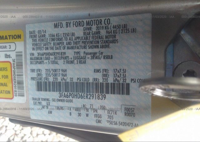 3FA6P0HD6ER291839 2014 FORD FUSION