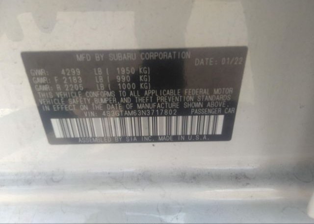2022 SUBARU IMPREZA(VIN: 4S3GTAM63N3717802