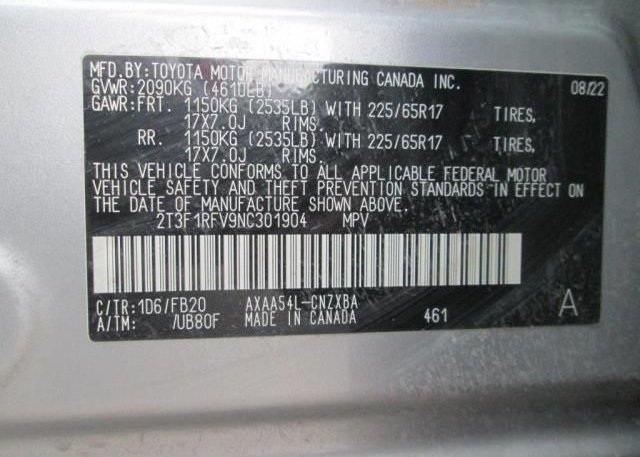 2022 TOYOTA RAV4(VIN: 2T3F1RFV9NC301904