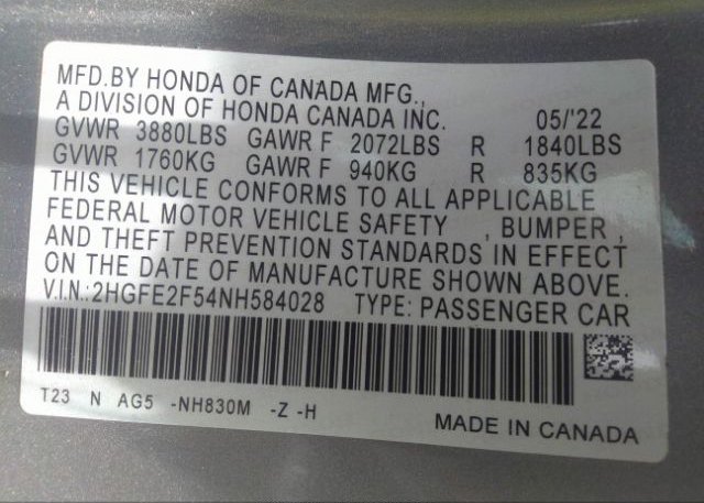 2022 HONDA CIVIC SEDAN(VIN: 2HGFE2F54NH584028