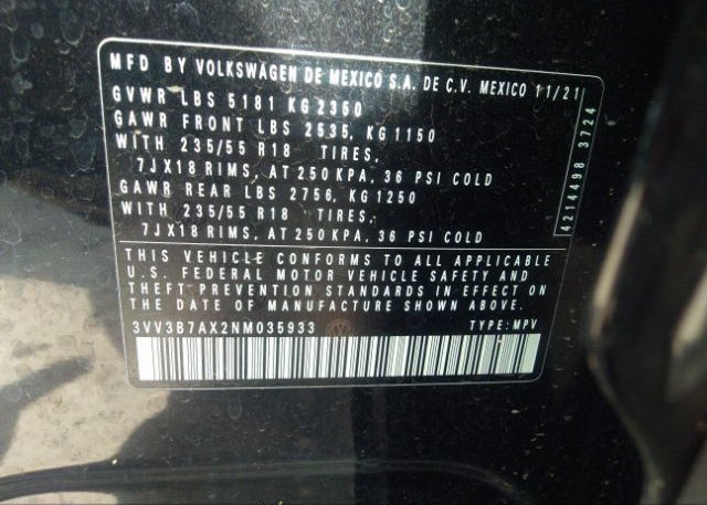 2022 VOLKSWAGEN TIGUAN(VIN: 3VV3B7AX2NM035933