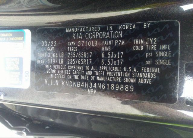 2022 KIA CARNIVAL(VIN: KNDNB4H34N6189889
