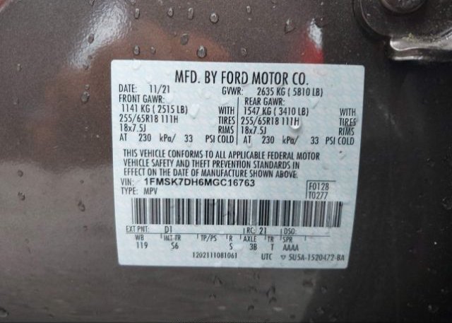 2021 FORD EXPLORER(VIN: 1FMSK7DH6MGC16763