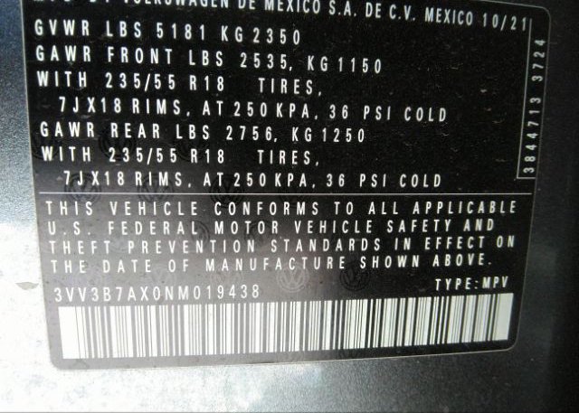 2022 VOLKSWAGEN TIGUAN(VIN: 3VV3B7AX0NM019438