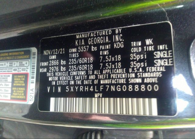 2022 KIA SORENTO(VIN: 5XYRH4LF7NG088800