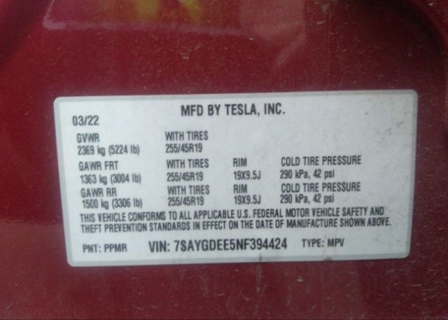 2022 TESLA MODEL Y(VIN: 7SAYGDEE5NF394424