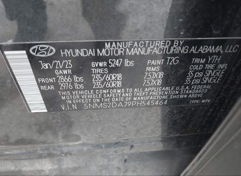 2023 HYUNDAI SANTA FE SEL(VIN: 5NMS2DAJ9PH545464