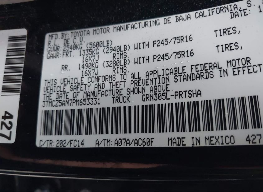 2023 TOYOTA TACOMA SR5 V6(VIN: 3TMCZ5AN7PM653331