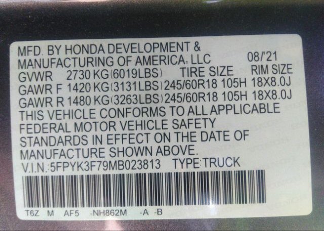 2021 HONDA RIDGELINE(VIN: 5FPYK3F79MB023813