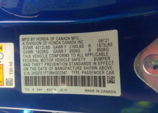 2022 HONDA CIVIC SEDAN(VIN: 2HGFE1F73NH303347