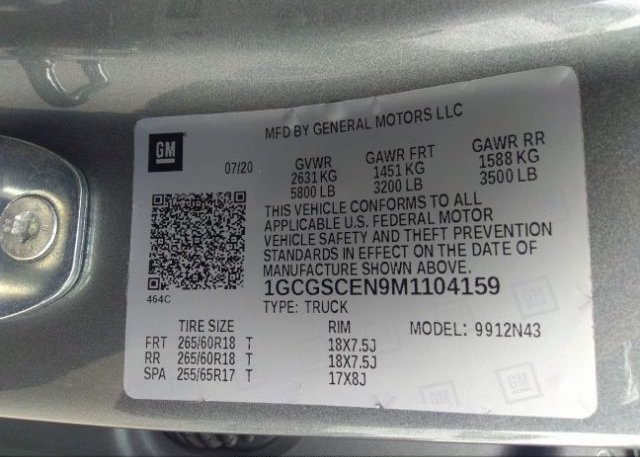 2021 CHEVROLET COLORADO(VIN: 1GCGSCEN9M1104159
