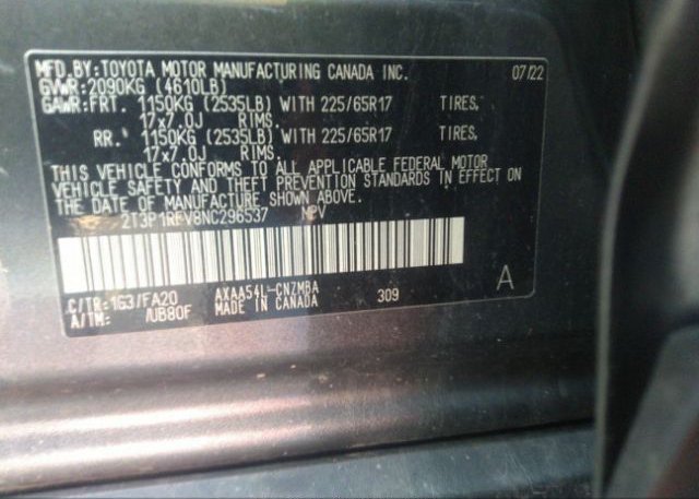 2022 TOYOTA RAV4(VIN: 2T3P1RFV8NC296537