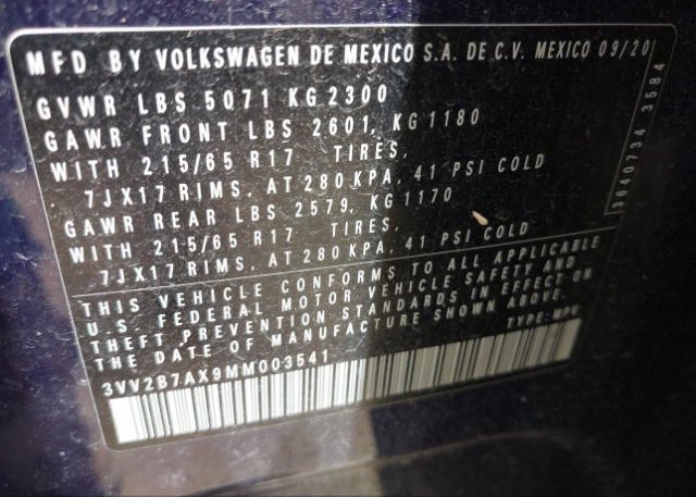 2021 VOLKSWAGEN TIGUAN(VIN: 3VV2B7AX9MM003541