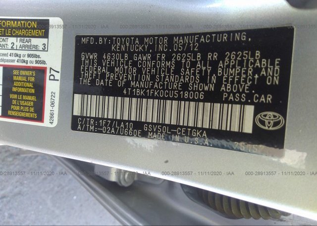 4T1BK1FK0CU518006 2012 TOYOTA CAMRY