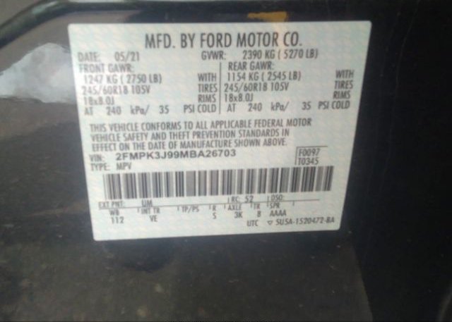 2021 FORD EDGE(VIN: 2FMPK3J99MBA26703