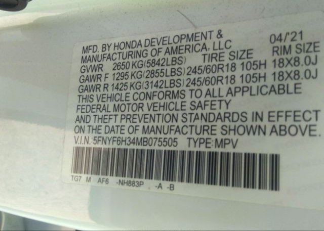 2021 HONDA PILOT(VIN: 5FNYF6H34MB075505