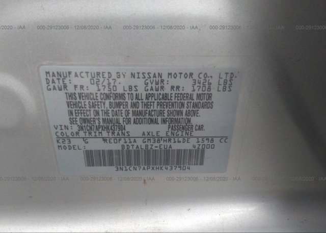 3N1CN7APXHK437904 2017 NISSAN VERSA SEDAN
