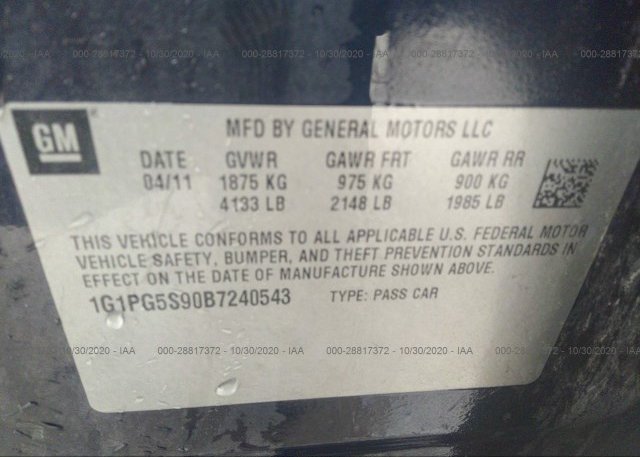 1G1PG5S90B7240543 2011 CHEVROLET CRUZE