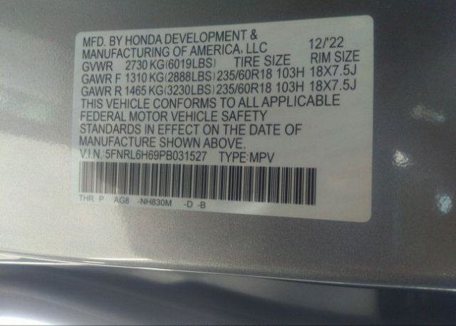 2023 HONDA ODYSSEY(VIN: 5FNRL6H69PB031527