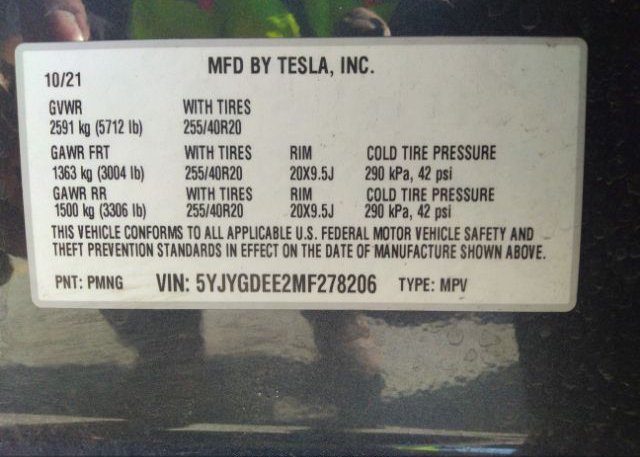 2021 TESLA MODEL Y(VIN: 5YJYGDEE2MF278206