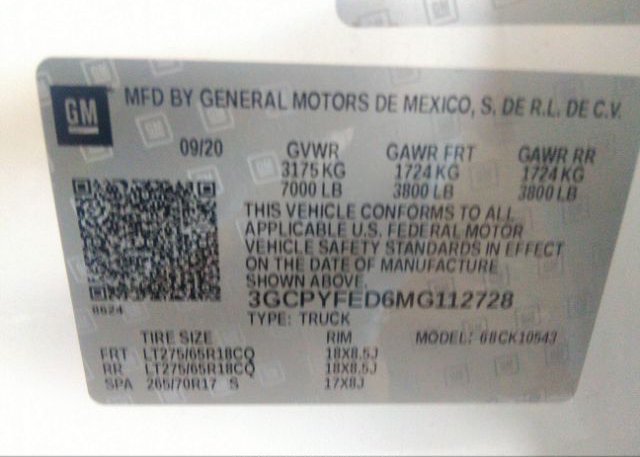 2021 CHEVROLET SILVERADO 1500(VIN: 3GCPYFED6MG112728