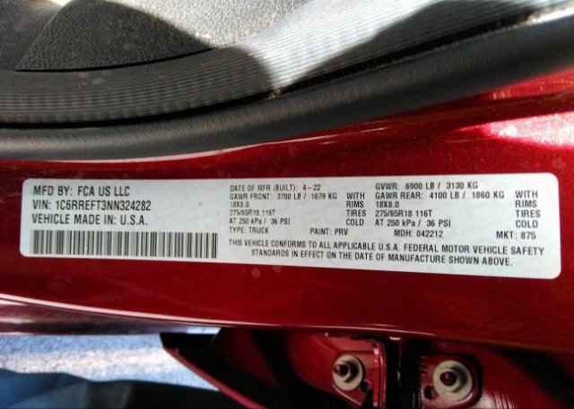 2022 RAM 1500(VIN: 1C6RREFT3NN324282