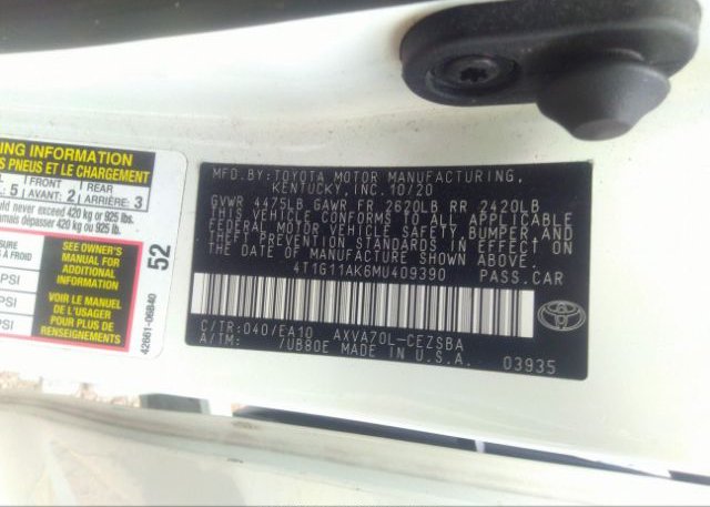 2021 TOYOTA CAMRY(VIN: 4T1G11AK6MU409390