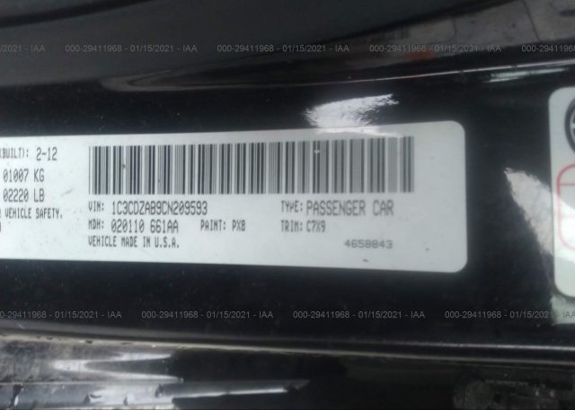 1C3CDZAB9CN209593 2012 DODGE AVENGER