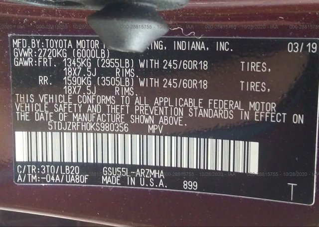 5TDJZRFH0KS980356 2019 TOYOTA HIGHLANDER