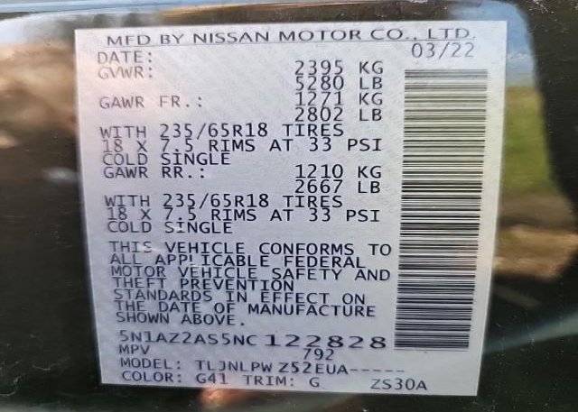 2022 NISSAN MURANO(VIN: 5N1AZ2AS5NC122828