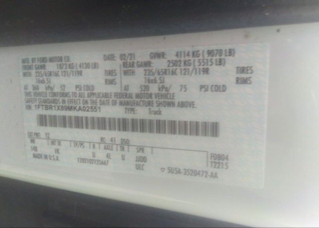 2021 FORD TRANSIT CARGO VAN(VIN: 1FTBR1X89MKA02551