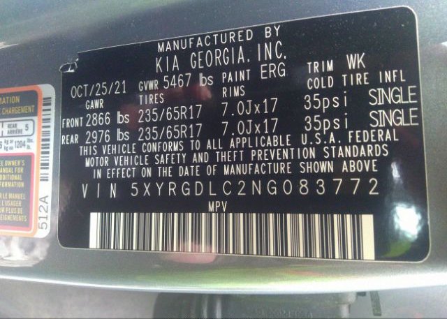 2022 KIA SORENTO(VIN: 5XYRGDLC2NG083772
