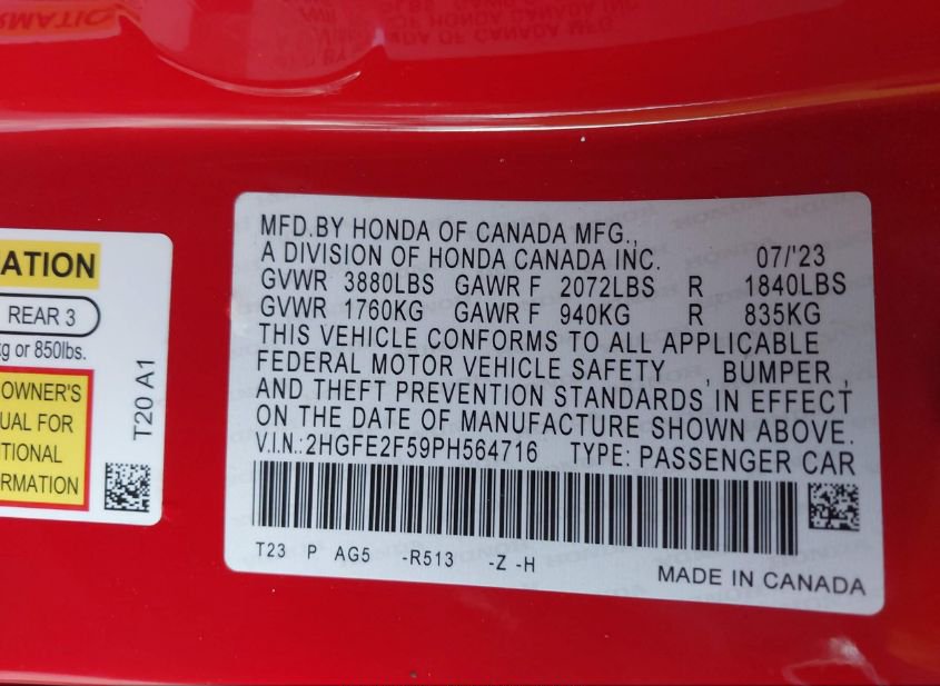 2023 HONDA CIVIC SPORT(VIN: 2HGFE2F59PH564716