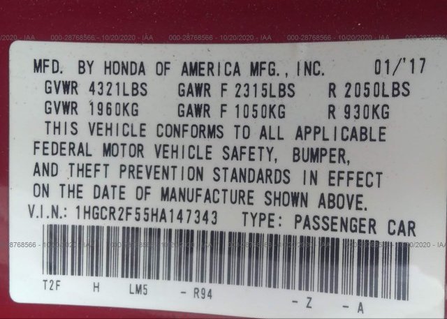 1HGCR2F55HA147343 2017 HONDA ACCORD SEDAN