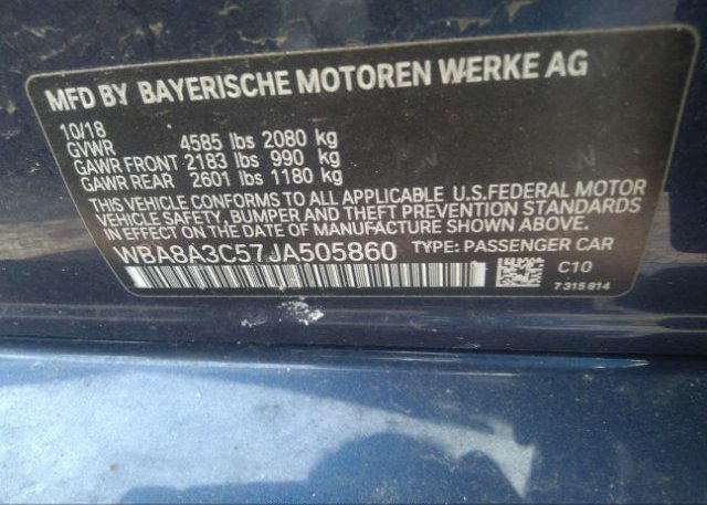 2018 BMW 3 SERIES VIN: WBA8A3C57JA505860