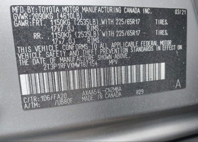 2021 TOYOTA RAV4(VIN: 2T3P1RFVXMW187154