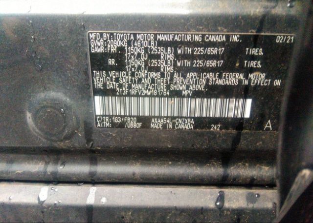2021 TOYOTA RAV4(VIN: 2T3F1RFV2MW181764