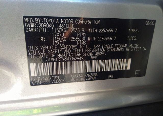 2021 TOYOTA RAV4(VIN: JTMH1RFV3MD062949