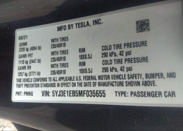 2021 TESLA MODEL 3(VIN: 5YJ3E1EB5MF035655