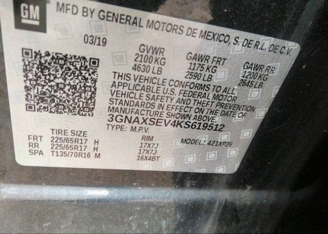 2019 CHEVROLET EQUINOX VIN: 3GNAXSEV4KS619512