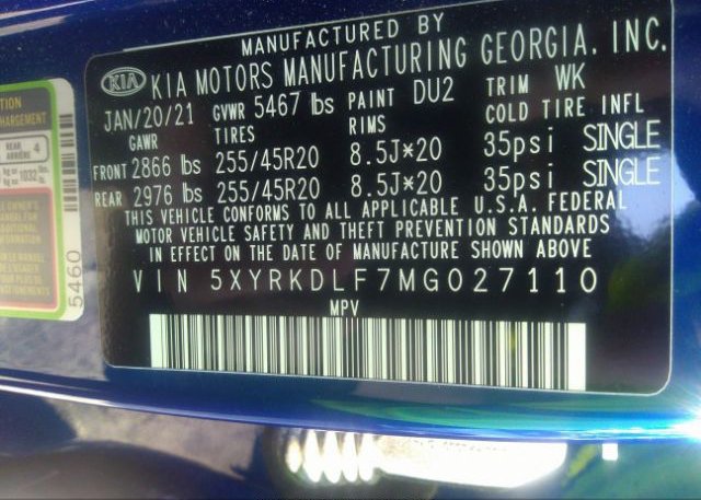 2021 KIA SORENTO(VIN: 5XYRKDLF7MG027110