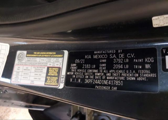 2022 KIA FORTE(VIN: 3KPF24AD1NE417851
