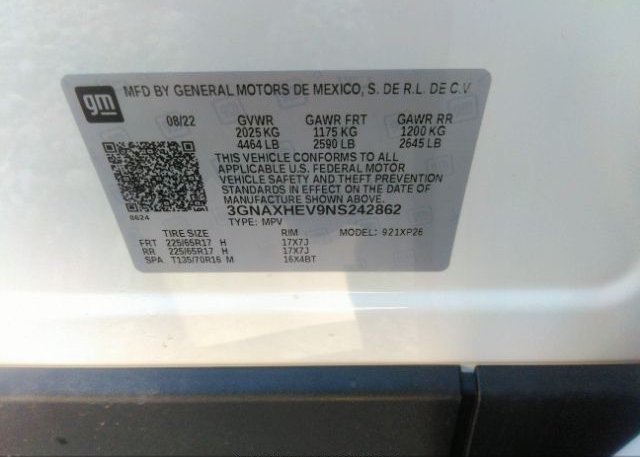 2022 CHEVROLET EQUINOX(VIN: 3GNAXHEV9NS242862